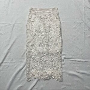 Meraki White Floral Lace Midi Pencil Skirt | Crochet Overlay | Size Small